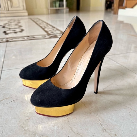 Charlotte Olympia Black Suede Gold Platform Pumps Heels 37.5 - Picture 2 of 7